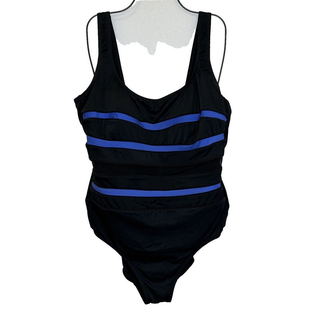 Longitude One Piece Swimsuit Womens Size 16 Black‎ Blue Tank Top Padded Bra